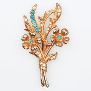 Vintage Large Gold Tone Aqua and Crystal Rhinestone Floral Bouquet Brooch 1940s
